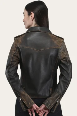 Frye Leather Jackets^Authentic Soft Lamb Crackle Leather Biker Jacket Brown