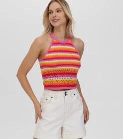 Frye Tops^Crochet Striped Halter Neck Tank Bleached Sand Combo