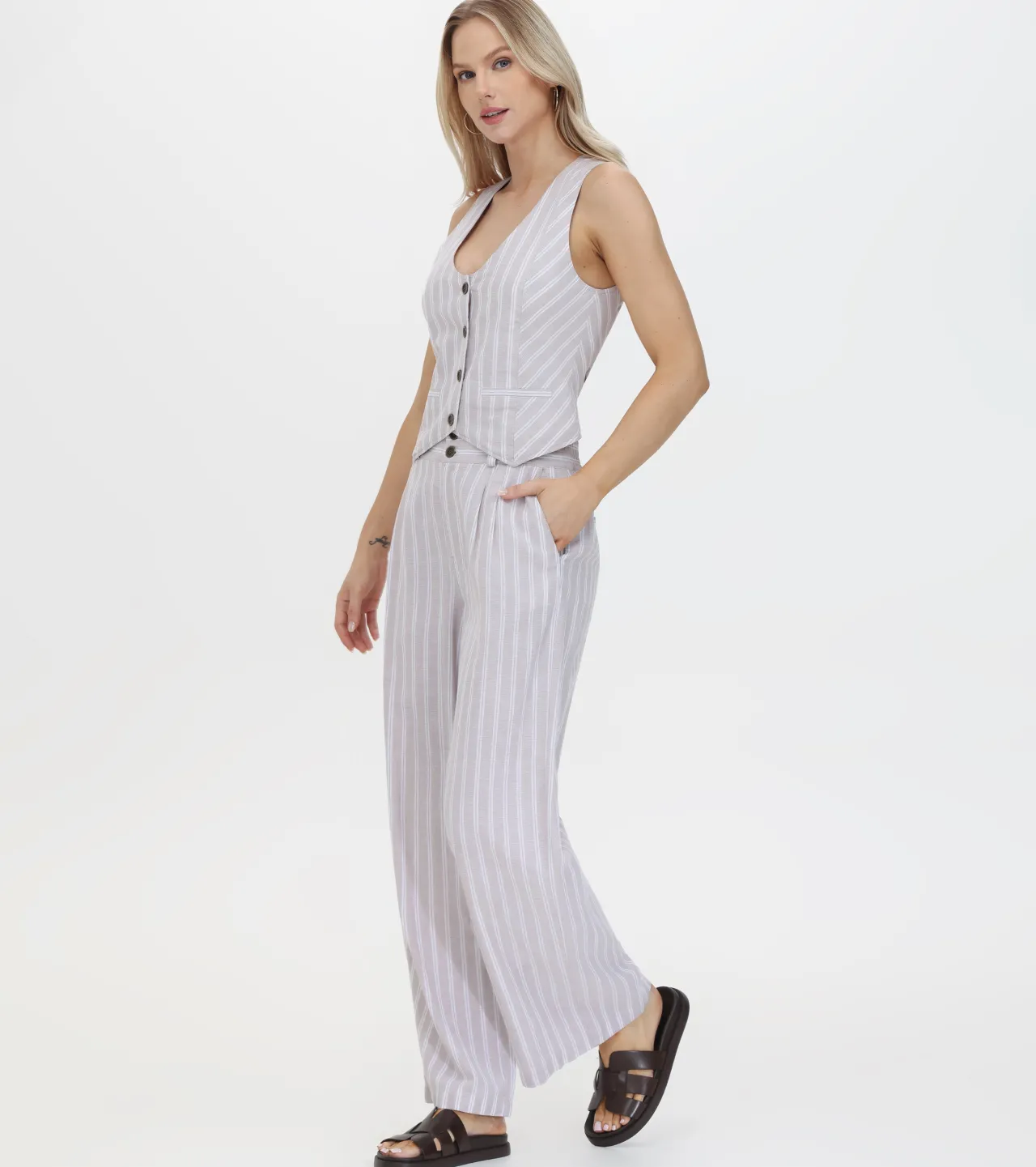 Frye Tops^Linen Striped Button Vest Natural Sand Stripe