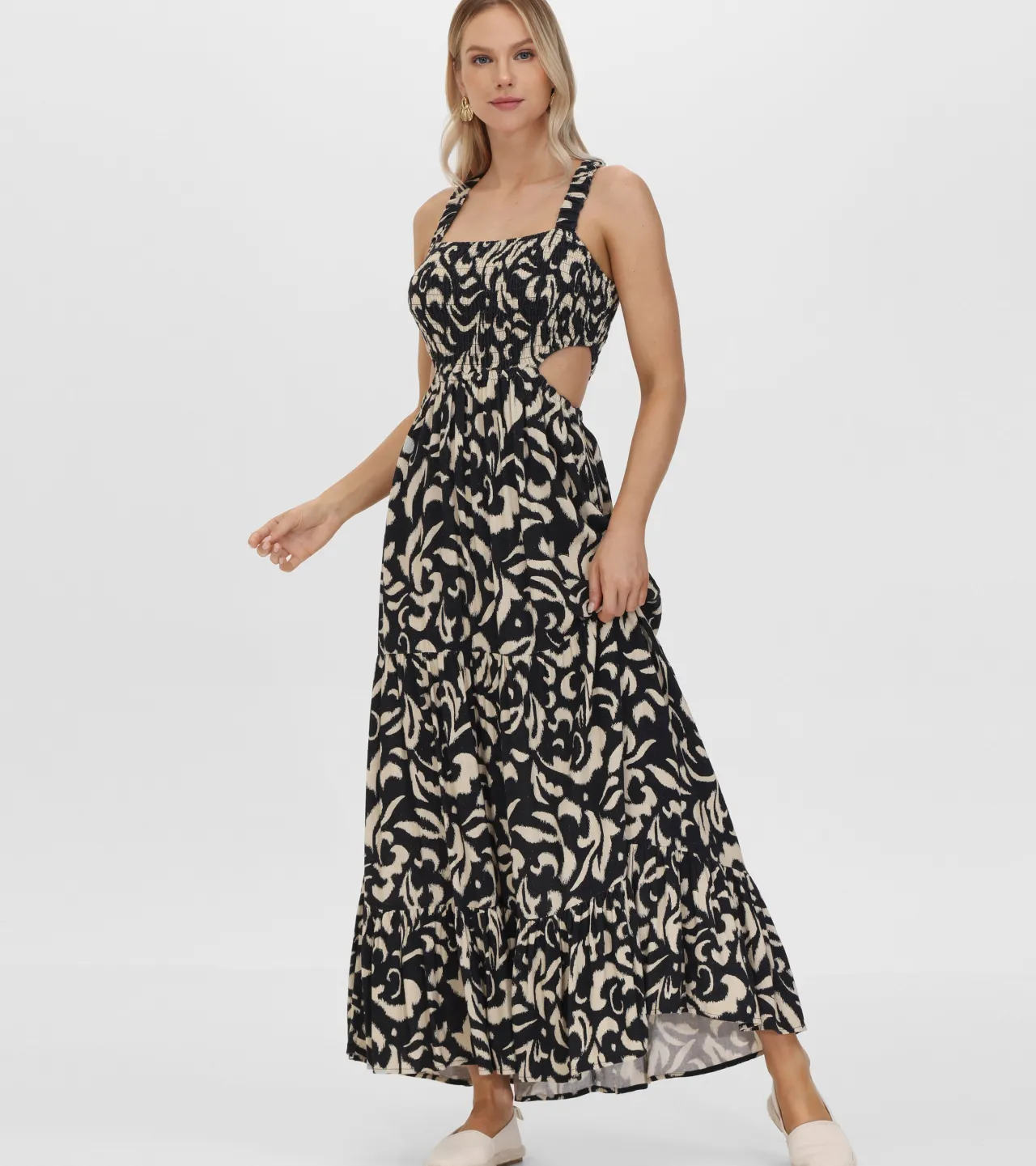 Frye Dresses^Smocked Cut Out Maxi Dress Black Beauty Combo