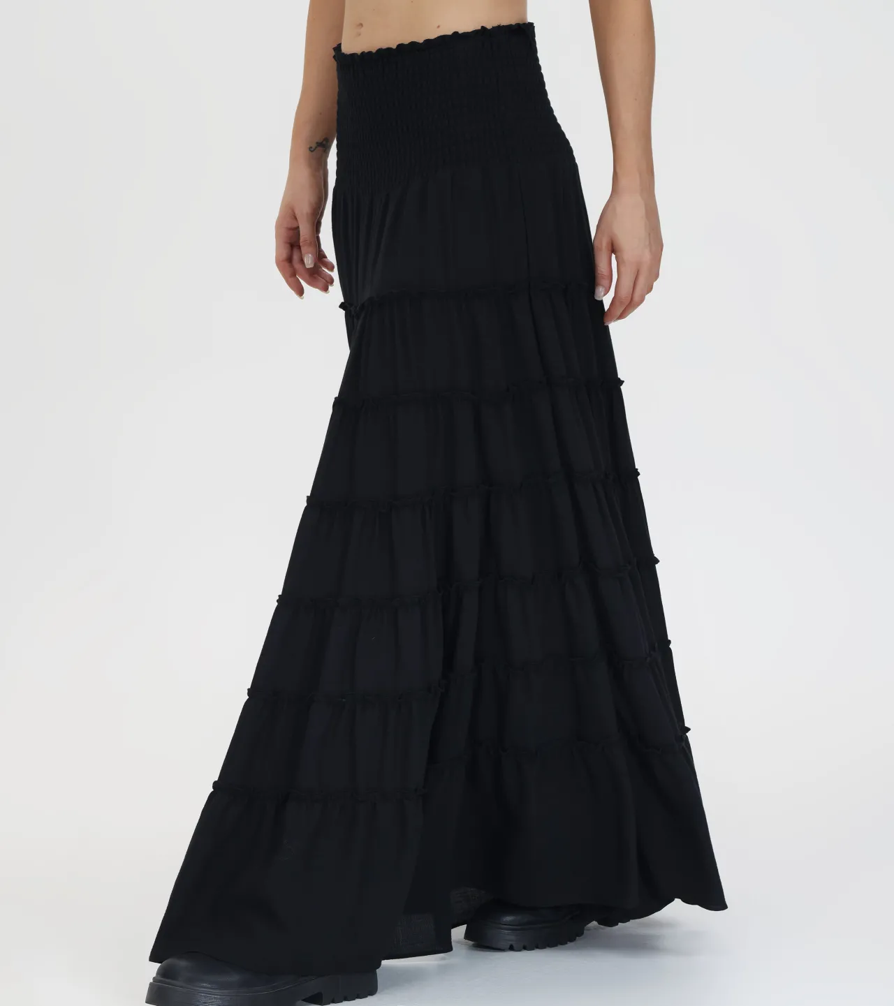 Frye Bottoms^Smocked Tiered Maxi Skirt Black Beauty